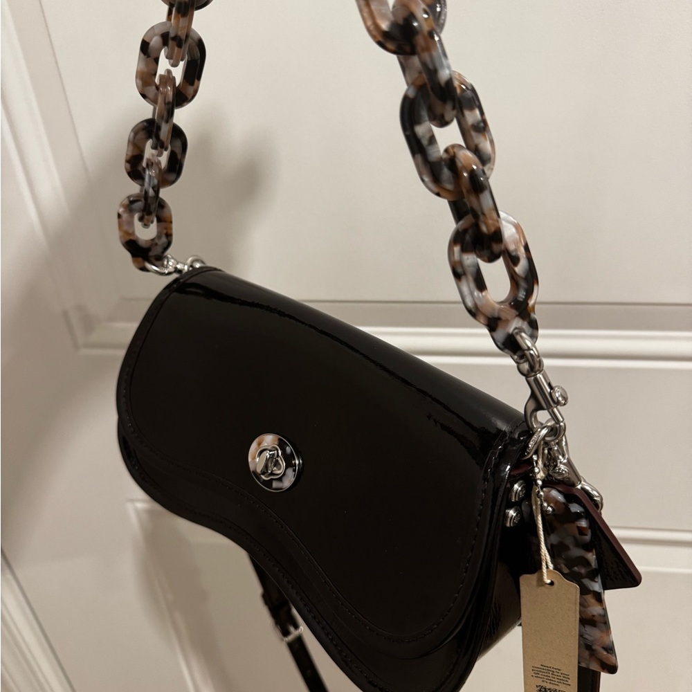 Coach Black Patent Leather Bag with Tortoise Chain